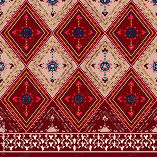 Traditional Thai-inspired floral and decorative patterns in red, perfect for wallpaper and fabric designs.