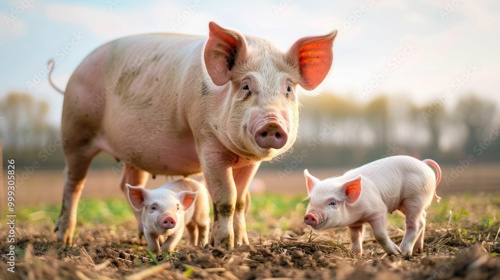 Adorable piglets nursing from their mother in a peaceful pastoral farm scene with shallow depth of field highlighting the nurturing bond between the animals Adorable piglets nursing from their mother in a peaceful pastoral farm scene with shallow depth of field highlighting the nurturing bond between the animals