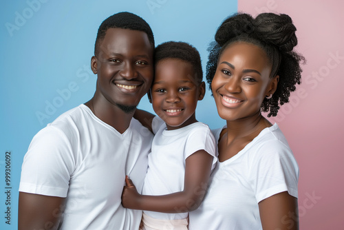  Smiling family in white shirts posing against a pastel background for advertising