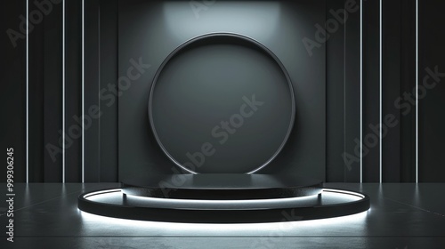 Circular Platform with a Glowing Ring in a Black and White Room