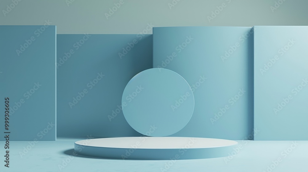 A Light Blue Minimalist Display with a Circular Platform and Geometric Shapes A Light Blue Minimalist Display with a Circular Platform and Geometric Shapes