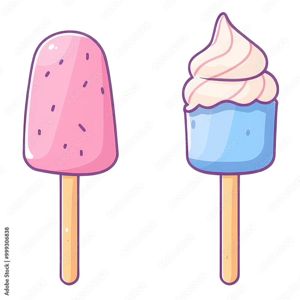 Delight in this modern D illustration of two colorful ice creams on sticks, set against a clean white canvas. Delight in this modern D illustration of two colorful ice creams on sticks, set against a clean white canvas.