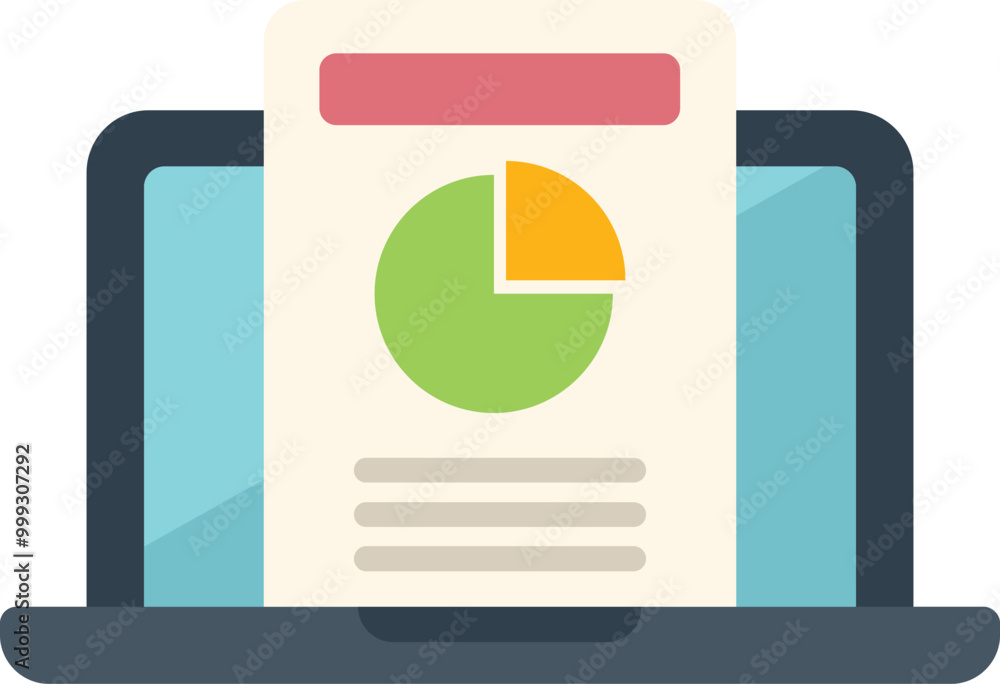Laptop is displaying a business report with a pie chart, representing data analysis and financial performance Laptop is displaying a business report with a pie chart, representing data analysis and financial performance