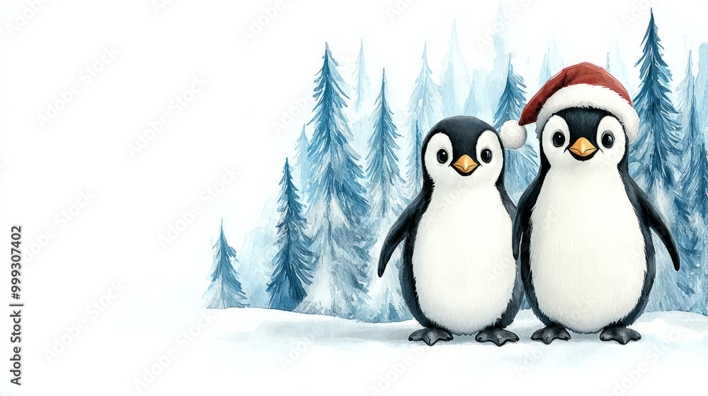 Two cheerful penguins wearing Christmas hats in a snowy landscape. Two cheerful penguins wearing Christmas hats in a snowy landscape.