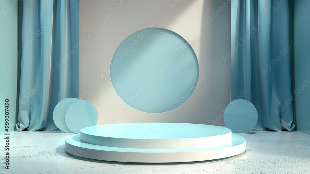 Minimalist Circular Platform with Blue Curtains and Geometric Shapes Minimalist Circular Platform with Blue Curtains and Geometric Shapes