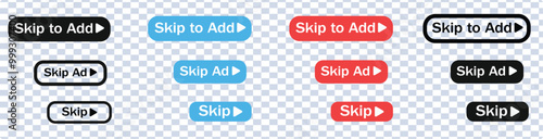 Skip ad button set. Skip ad icon in neomorphs style. Icons for business, white UI, UX. Ad symbol. Black button skip ad for website. Vector icon.