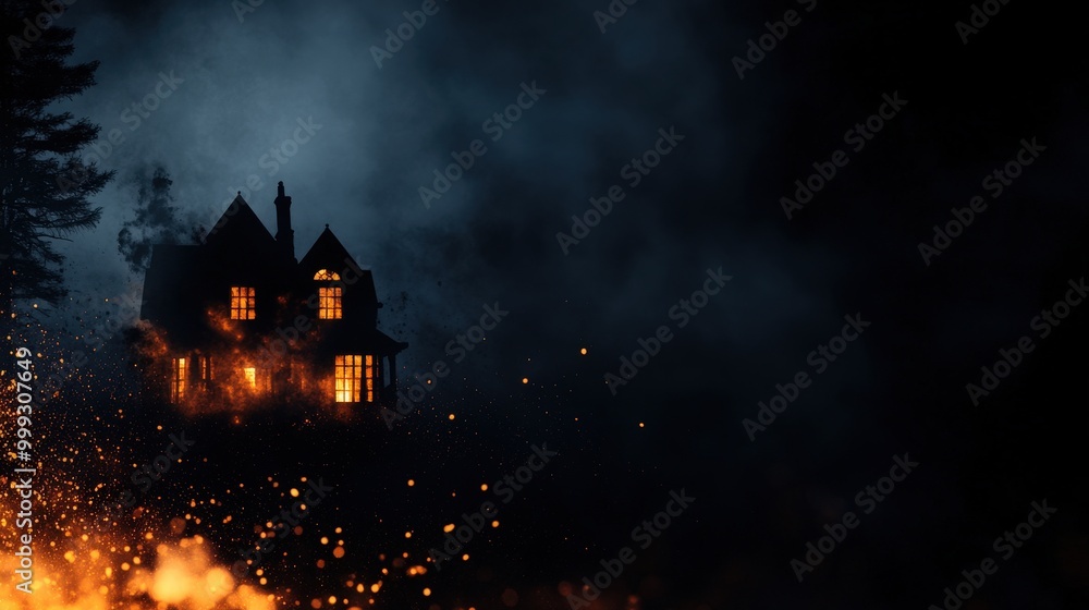 Obraz premium Haunted house glowing in dark, surrounded by smoke and sparks, eerie atmosphere.