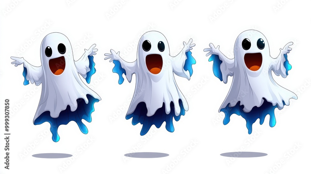 Obraz premium Three playful cartoon ghosts with expressive faces, white background.