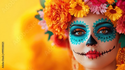 Woman with colorful makeup and flower crown for Day of the Dead celebration.