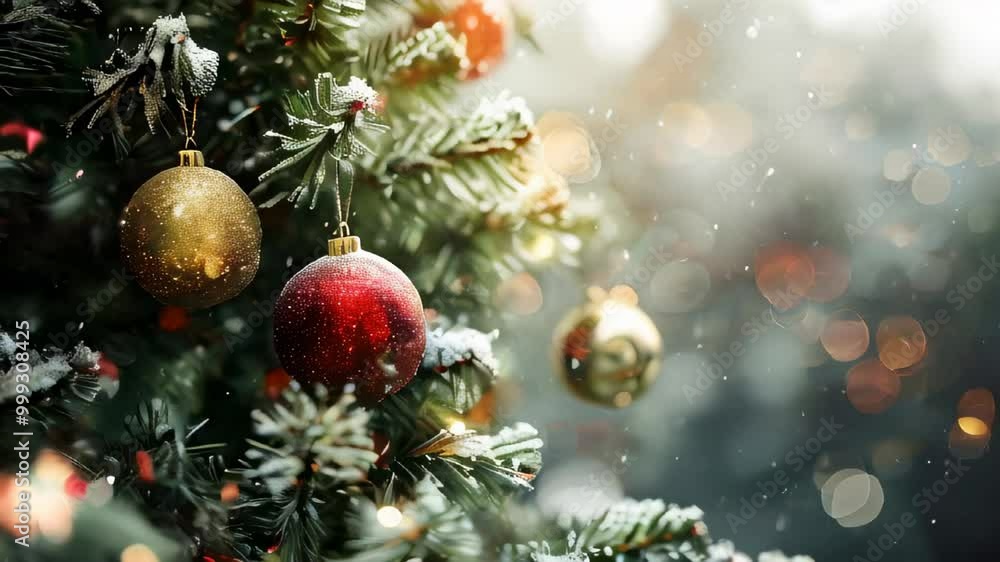Elegant golden and red baubles on a snow-covered fir tree with twinkling lights creating a festive holiday atmosphere. Elegant golden and red baubles on a snow-covered fir tree with twinkling lights creating a festive holiday atmosphere.