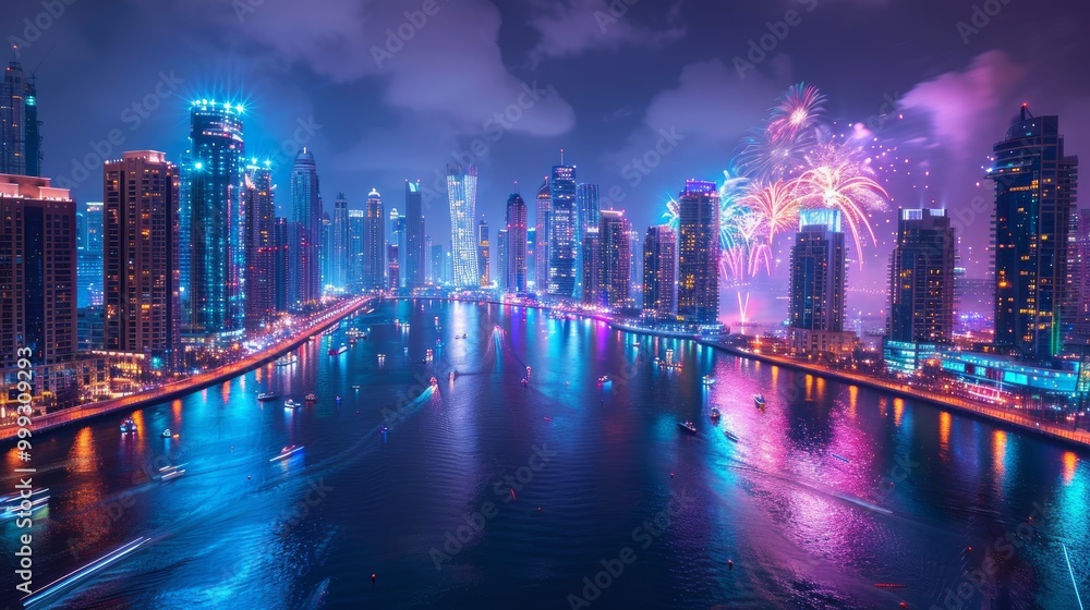 Fototapeta premium Dubai Marina, UAE: mesmerizing fireworks taking place on Dubai Marina Seashore from The Beach, Marina. View captured from Horizon tower balcony