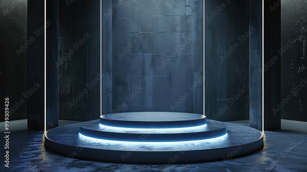 Illuminated Circular Platform with Blue Neon Lights in a Dark Concrete Room Illuminated Circular Platform with Blue Neon Lights in a Dark Concrete Room