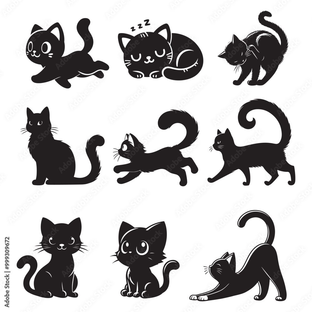 Naklejka premium Character set of black cat silhouettes cartoon vector