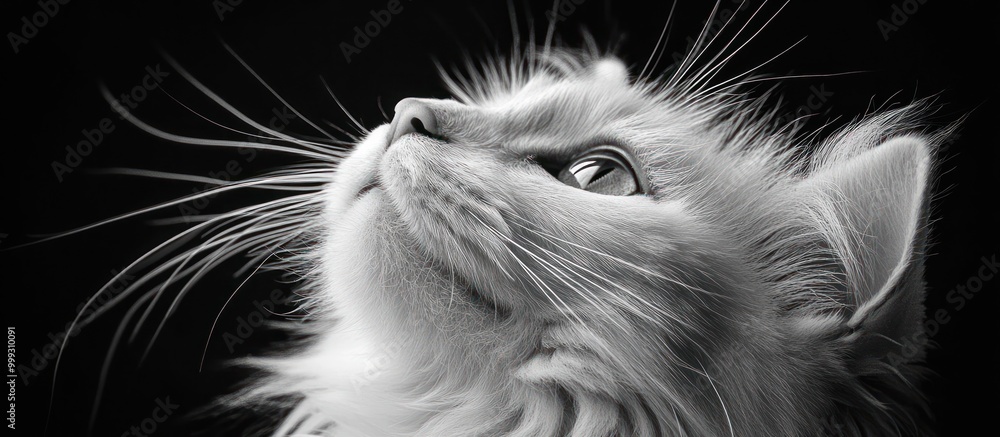 Close-up portrait of a white cat looking up with its whiskers extended. Close-up portrait of a white cat looking up with its whiskers extended.