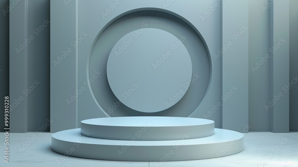 Two-Tiered Circular Platform in a Minimalist Blue Room Two-Tiered Circular Platform in a Minimalist Blue Room