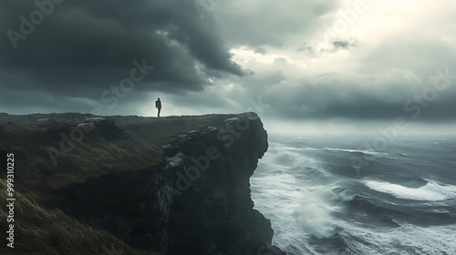 A lone figure standing on a windswept island cliff, staring out at the stormy ocean below