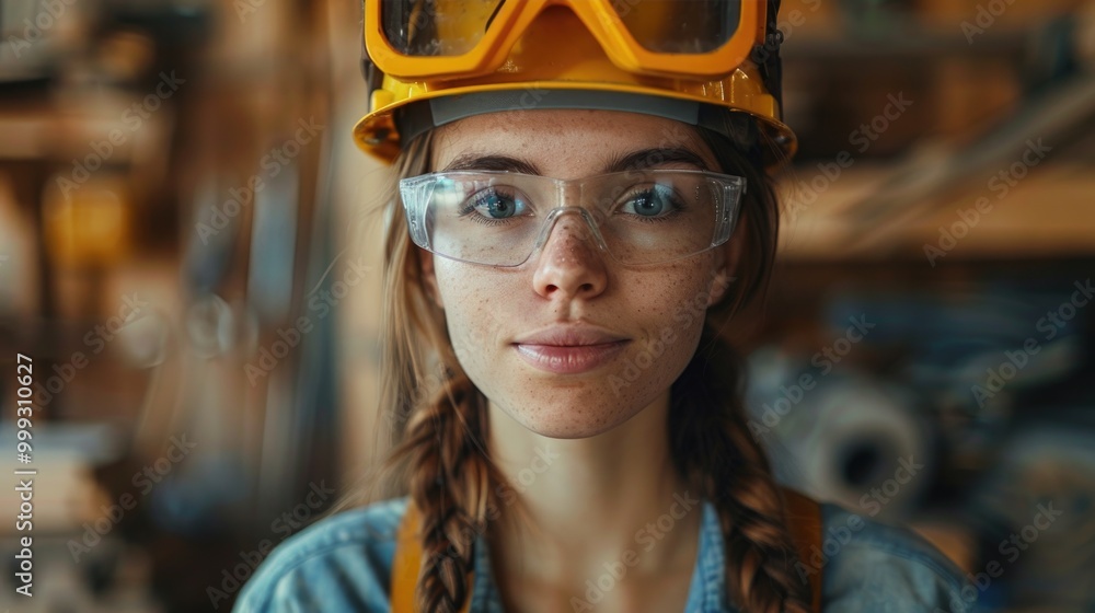 Confident Female Engineer With Safety Helmet and Goggles in Workshop Confident Female Engineer With Safety Helmet and Goggles in Workshop