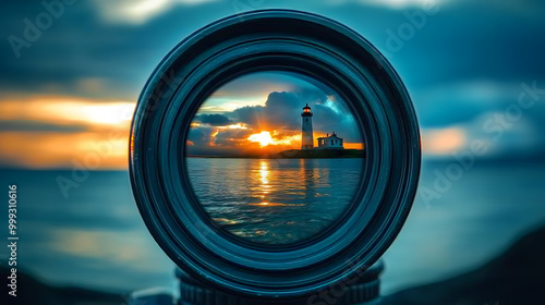 A vintage camera lens capturing the reflection of a distant lighthouse, framed against a dramatic sky.