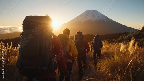 日本の美しい山のハイキング：自然愛好家のための日の出の冒険的なグループトレッキング photo