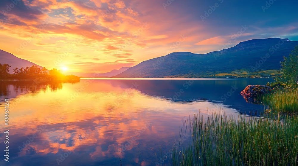 A breathtaking sunset over a serene lake surrounded by mountains, with vibrant colors reflecting in the water. A breathtaking sunset over a serene lake surrounded by mountains, with vibrant colors reflecting in the water.
