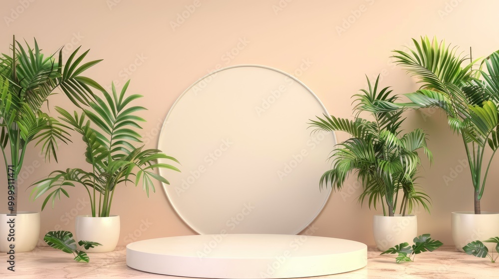 Minimalist Product Display with Tropical Plants and a Round Platform Minimalist Product Display with Tropical Plants and a Round Platform
