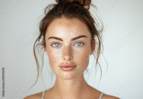 Radiant Young Woman with Freckles and Blue Eyes Portrait