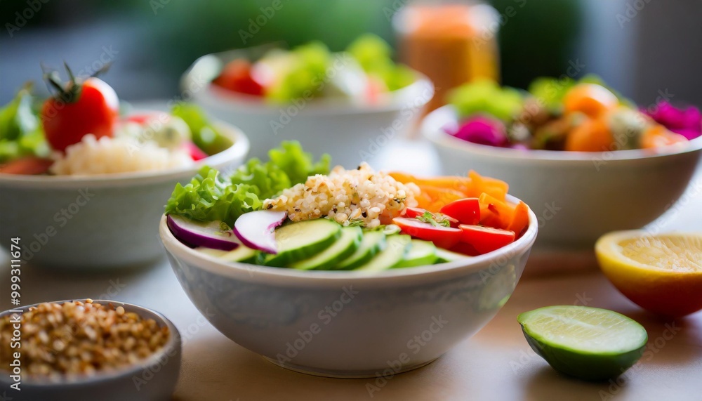 Healthy breakfast bowls with depth of field showcasing vibrant fruits, grains, and nutritious toppings Healthy breakfast bowls with depth of field showcasing vibrant fruits, grains, and nutritious toppings
