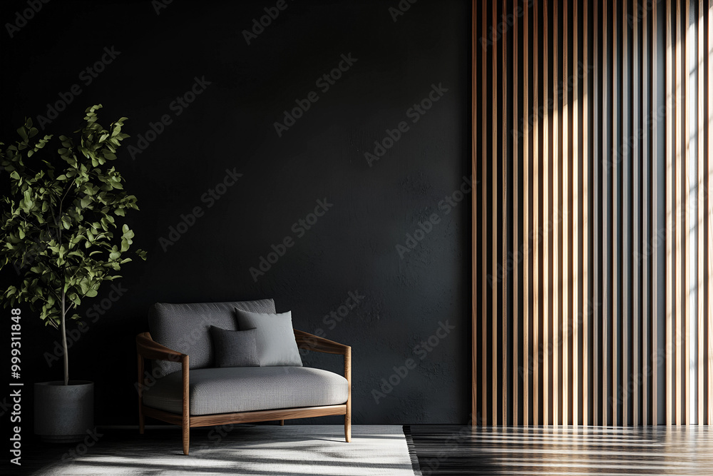 3D Render of a Modern Dark Home Interior with Wall Mockup Background for Design Showcase 3D Render of a Modern Dark Home Interior with Wall Mockup Background for Design Showcase