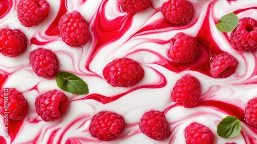 Indulge in a luscious closeup of creamy yogurt swirl topped with fresh raspberries, perfect for dessert lovers and health enthusiasts.