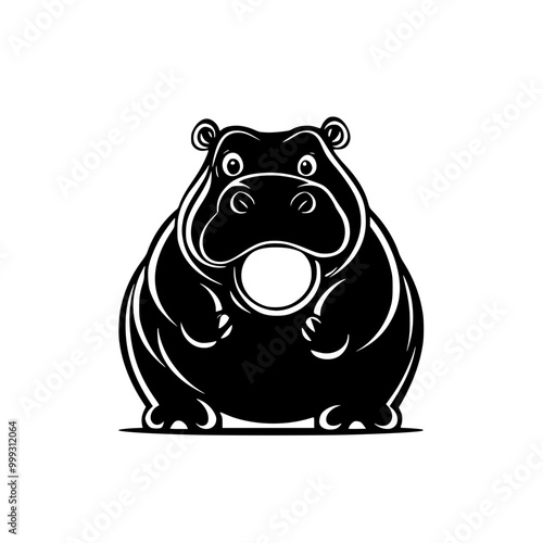 Cartoon hippos blowing bubble gum illustration, A playful cartoon hippo blowing bubble gum, in a black and white illustration style, adding a fun and whimsical touch.

