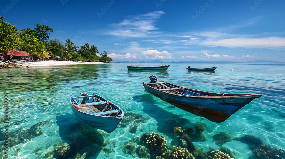 Small fishing boats floating on a crystal-clear sea, with coral reefs visible beneath the surface
