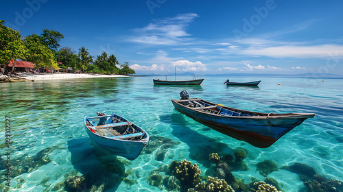 Obraz na płótnie Small fishing boats floating on a crystal-clear sea, with coral reefs visible beneath the surface w salonie