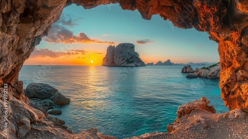 Es Vedra islet at sunset viewed through the rock holes of a cave in Ibiza, Sant Josep de Sa Talaia, Balearic Islands, 