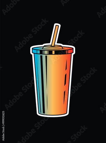 Fast food plastic cup with straw. Hot or cold drink. Original vector illustration in vintage style.