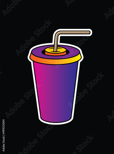 Fast food plastic cup with straw. Hot or cold drink. Original vector illustration in vintage style.
