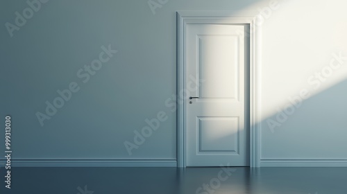 White door in a blue room with a sunbeam.