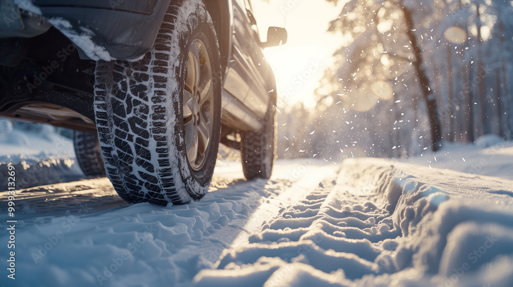 Off-road vehicle driving through a snowy forest trail in winter with sunlight Off-road vehicle driving through a snowy forest trail in winter with sunlight
