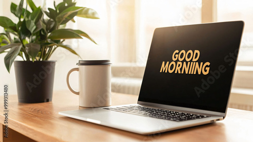 laptop displaying GOOD MORNING with coffee mug and plant nearby creates warm atmosphere