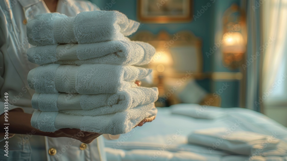 Hospitality Staff Presenting Fresh Towels in Luxury Hotel Room