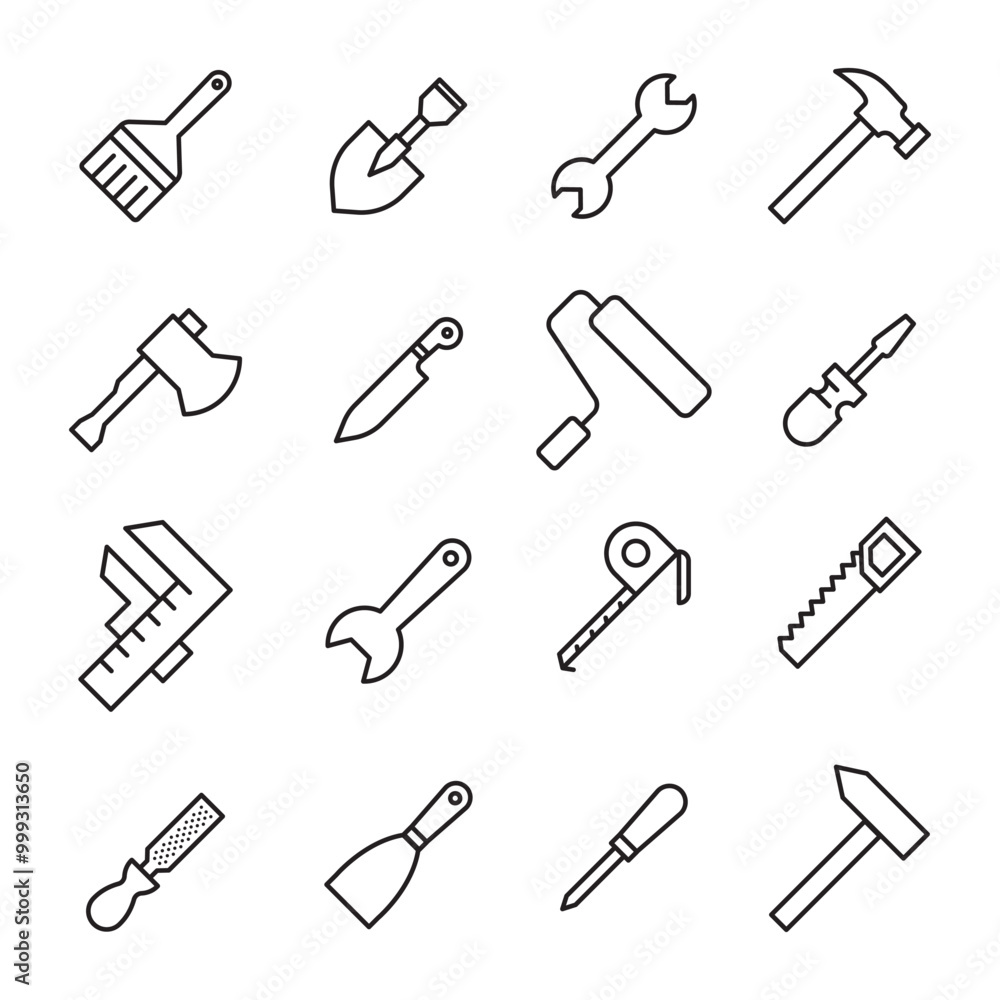 Construction tools flat line icons set. Hammer, screwdriver, saw, spanner, paintbrush vector illustrations. Outline signs for carpenter, builder equipment store. Construction tools flat line icons set. Hammer, screwdriver, saw, spanner, paintbrush vector illustrations. Outline signs for carpenter, builder equipment store.