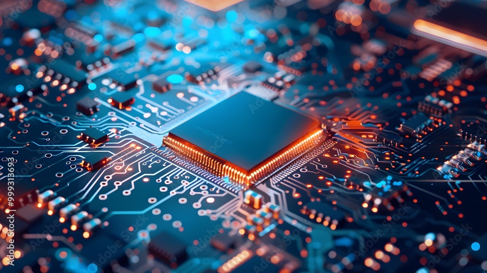 a blue chip with circuit board background, product photography, techy, tech still life a blue chip with circuit board background, product photography, techy, tech still life