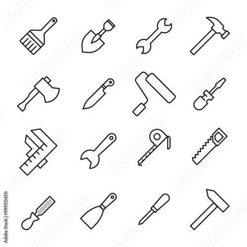 Construction tools flat line icons set. Hammer, screwdriver, saw, spanner, paintbrush vector illustrations. Outline signs for carpenter, builder equipment store.