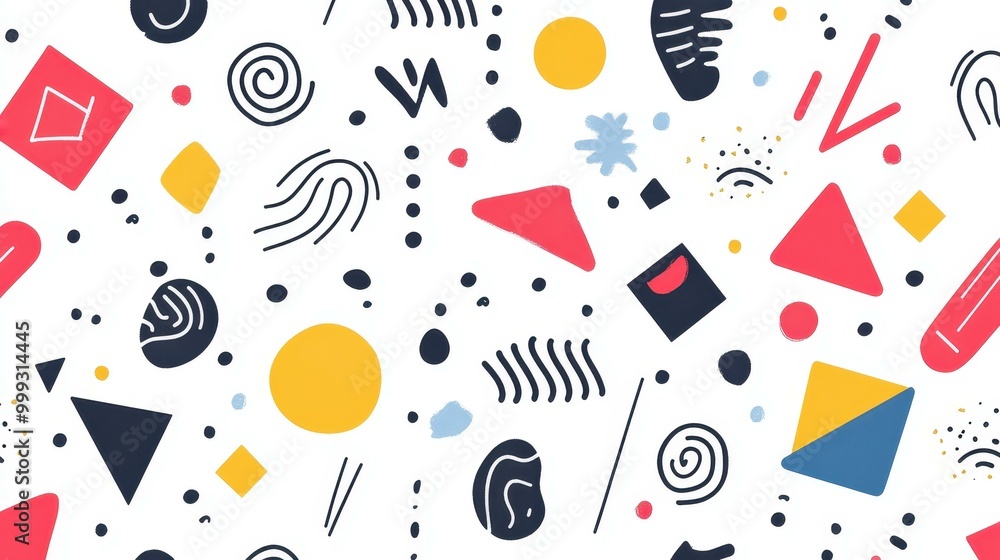 Discover a trendy seamless pattern filled with bold geometric shapes, swirls, arrows, and curves for a modern touch. Discover a trendy seamless pattern filled with bold geometric shapes, swirls, arrows, and curves for a modern touch.