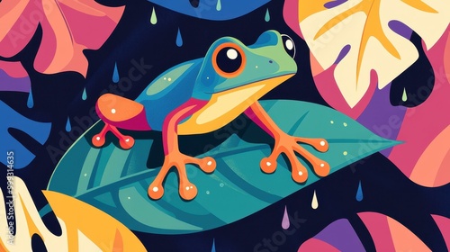 A vibrant frog sits on a lush leaf, surrounded by glistening raindrops, showcasing a lively cartoon aesthetic. photo