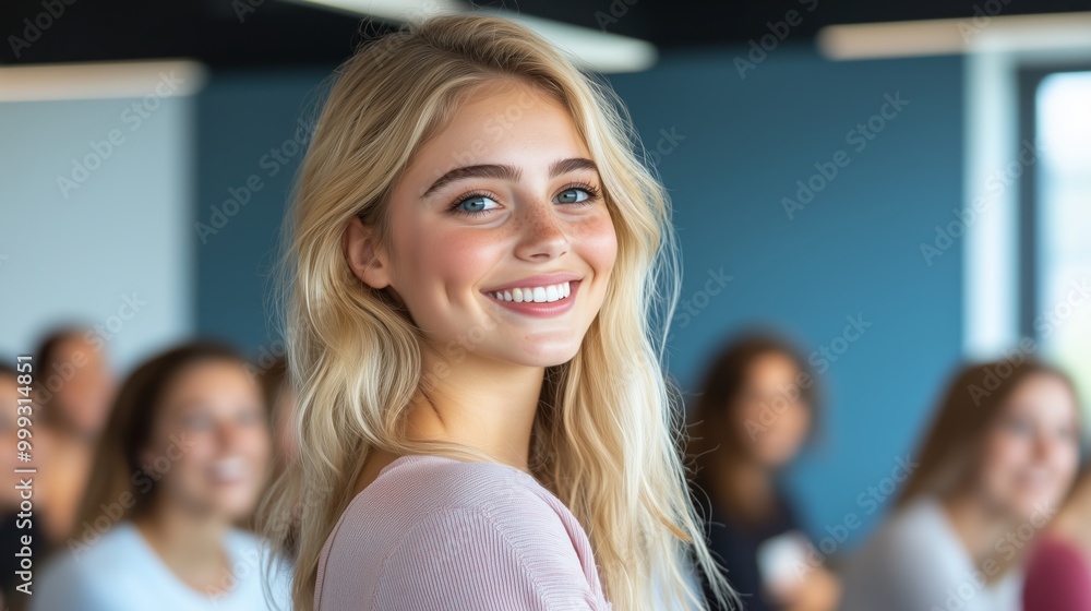 Fototapeta premium A presenter leading a seminar while happy attendees nod along and smile, showing their engagement. The studio lighting highlights their enthusiasm in the modern seminar setting.