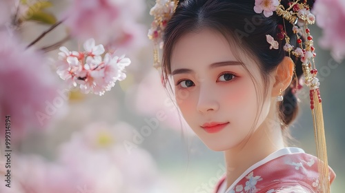 The girl in traditional Chinese dress, her outfit decorated with cherry blossom patterns, standing still with soft luster