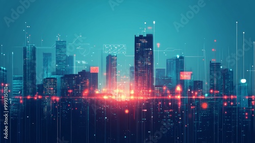 Modern city and communication network concept. IoT (Internet of Things). Smart city. Digital transformation.Wide image for banners, advertisements