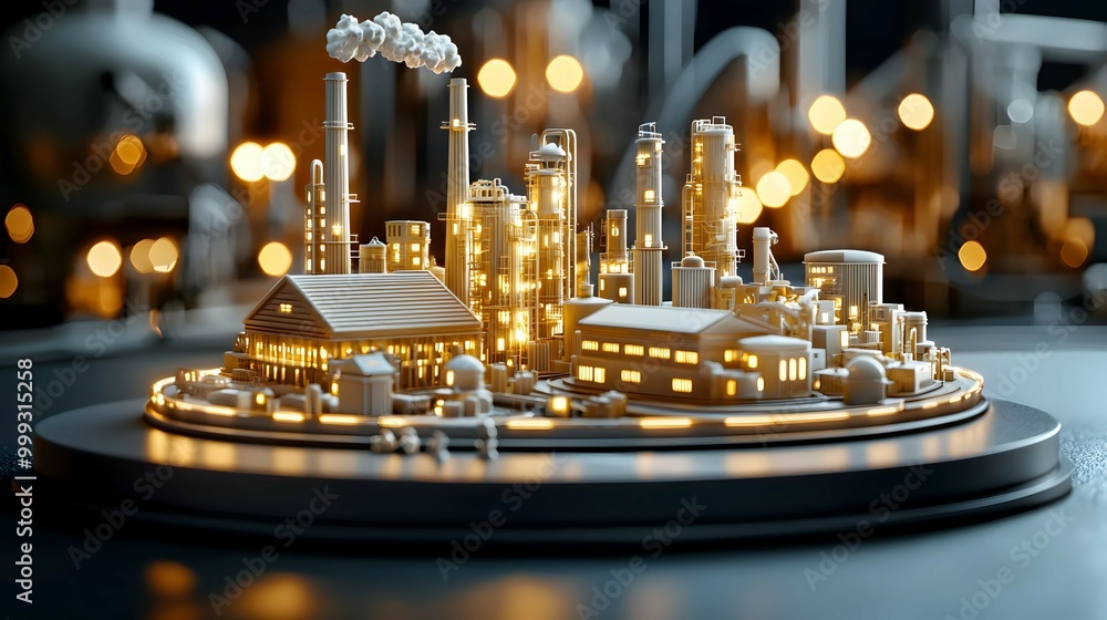 Obraz premium Illuminated Miniature Industrial Complex Model with Bokeh Lights