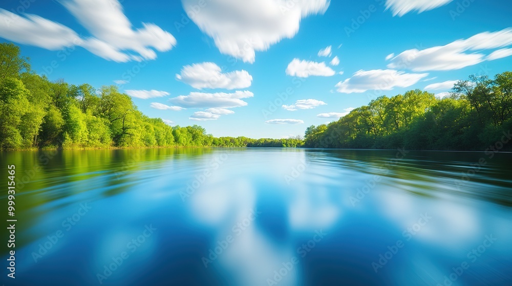 Beautiful and blurred spring nature background image with surrounded by trees against a blue sky with clouds on a sunny day. beautiful blue river Beautiful and blurred spring nature background image with surrounded by trees against a blue sky with clouds on a sunny day. beautiful blue river