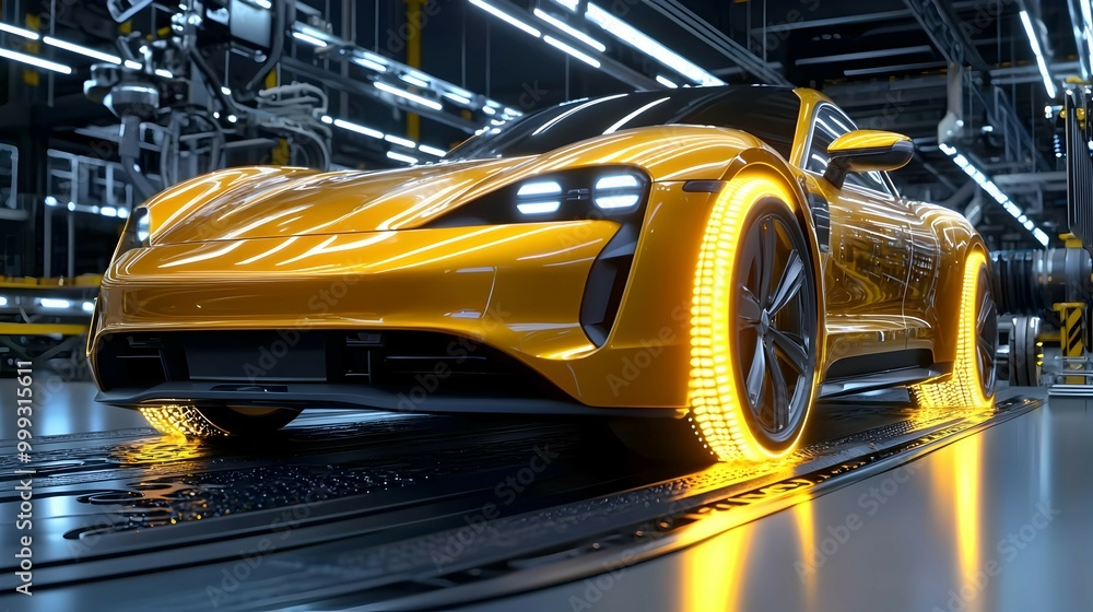 Fototapeta premium Futuristic Yellow Sports Car With Glowing Wheels on Assembly Line